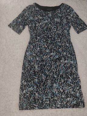 Ann Taylor Black Abstract Print Long Sleeve Sheath Dress with Blue Accents